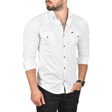 Rizzup Erkek Beyaz Slim Fit Pamuklu Çift Cepli Kot Gömlek Çıtçıtlı Uzun Kollu Spor Gömlek 2502503