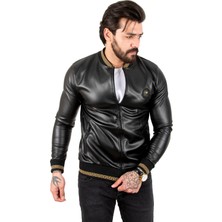 Rizzup Erkek Siyah Dar Kesim Sırtı Aslan Baskılı Taş Işlemeli Suni Deri Ceket / Mont 2200354