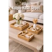 Nandy Home 3'lü Dikdörtgen Ahşap Kulplu Hasır Sepet Seti - Çok Amaçlı Dekoratif Düzenleyici