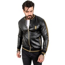 Rizzup Erkek Siyah Modern Tasarım Arkası Baskılı Likralı Suni Deri Ceket Mont 2210350