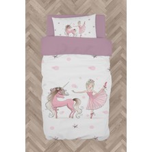 Mekta Home  Balerin ve Unicorn Kız Desenli Pembe Nevresim Takımı