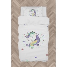 Mekta Home  Renkli Unicorn Desenli Beyaz Nevresim Takımı