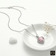 Stainless Steel 316L Çelik Gümüş Renk Pembe Zirkon Taşlı Kalp Kolye