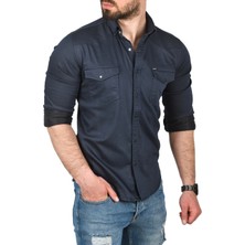 Rizzup Erkek Lacivert Slim Fit Pamuklu Çift Cepli Kot Gömlek Çıtçıtlı Uzun Kollu Spor Gömlek 2502503