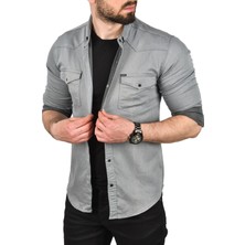 Rizzup Erkek Gri Slim Fit Pamuklu Çift Cepli Kot Gömlek Çıtçıtlı Uzun Kollu Spor Gömlek 2502503