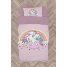 Mekta Home  Gökuşağı ve Unicorn Desenli Pembe Nevresim Takımı