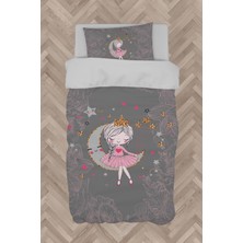 Mekta Home  Ayda Oturan Kız Pembe Motifli Gri Nevresim Takımı