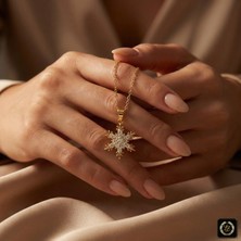 Stainless Steel 316L Paslanmaz Çelik Gold Renk Zirkon Beyaz Taşlı Kar Tanesi Tasarım Kolye