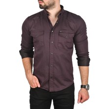 Rizzup Erkek Mürdüm Slim Fit Pamuklu Çift Cepli Kot Gömlek Çıtçıtlı Uzun Kollu Spor Gömlek 2502503