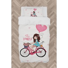 Mekta Home  Bisikletli Kız ve Kalpli Balon Desenli Nevresim Takımı