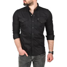 Rizzup Erkek Siyah Slim Fit Pamuklu Çift Cepli Kot Gömlek Çıtçıtlı Uzun Kollu Spor Gömlek 2502503