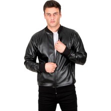 Rizzup Siyah Dikiş Detaylı Kolej Yaka Slim Fit Likralı Erkek Suni Deri Ceket Mont 23020587