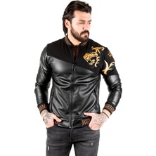 Rizzup Erkek Siyah Taş Işlemeli Suni Deri Ceket Rüzgar & Su Geçirmez Nakışlı Fermuarlı Suni Deri Mont 2300367