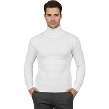 Rizzup Erkek Beyaz Kare Desenli Balıkçı Yaka Slim Fit Boğazlı Triko Kazak 2505493
