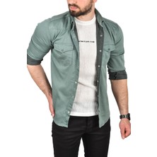 Rizzup Erkek Yeşil Slim Fit Pamuklu Çift Cepli Kot Gömlek Çıtçıtlı Uzun Kollu Spor Gömlek 2502503