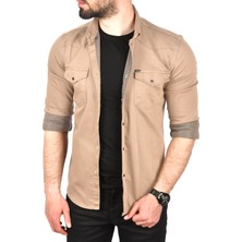 Rizzup Erkek Bej Slim Fit Pamuklu Çift Cepli Kot Gömlek Çıtçıtlı Uzun Kollu Spor Gömlek 2502503
