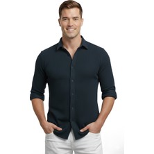 RizzUP Lacivert Slim Fit Örme Kumaş Likralı Erkek Gömlek – Nefes Alan Esnek ve Modern Tasarım 2602604
