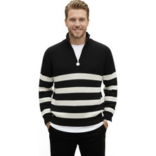 Rizzup Erkek Siyah Yarım Fermuarlı Oversize Kesim Triko Kazak Pamuklu Yumuşak Örgü Çizgili Kazak 2608513