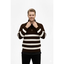 Rizzup Erkek Kahve Yarım Fermuarlı Oversize Kesim Triko Kazak Pamuklu Yumuşak Örgü Çizgili Kazak 2608513