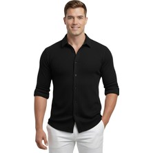 RizzUP Siyah Slim Fit Örme Kumaş Likralı Erkek Gömlek – Nefes Alan Esnek ve Modern Tasarım 2602604