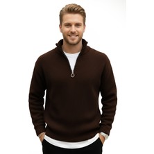 Rizzup Erkek Kahve Yarım Fermuarlı Oversize Kesim Triko Kazak – Yumuşak Dokulu Örgü Kazak 2608511