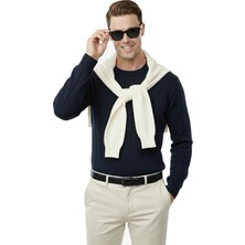 Rizzup Lacivert Dar Kesim Likralı Erkek Triko Kazak – Bisiklet Yaka Şık Tasarım 2605433