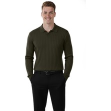 Rizzup Erkek Haki Polo Yaka Fitilli Triko Kazak – %100 Pamuk, Esnek Dokulu, Modern Kalıp 2605306