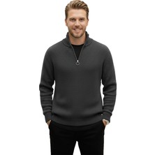 Rizzup Erkek Füme Yarım Fermuarlı Oversize Kesim Triko Kazak – Yumuşak Dokulu Örgü Kazak 2608511