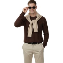 Rizzup Erkek Kahve Rahat Kalıp Çizgi Dokulu Triko Kazak – Şık & Modern Tasarım 2605432