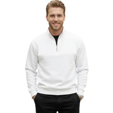 Rizzup Erkek Beyaz Relax Fit Içi Polarlı %100 Pamuk Yarım Fermuarlı Dik Yaka Sweatshirt 2600760