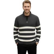 Rizzup Erkek Füme Yarım Fermuarlı Oversize Kesim Triko Kazak Pamuklu Yumuşak Örgü Çizgili Kazak 2608513