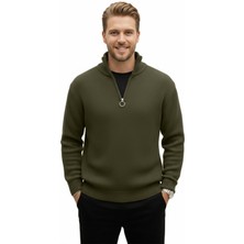 Rizzup Erkek Haki Yarım Fermuarlı Oversize Kesim Triko Kazak – Yumuşak Dokulu Örgü Kazak 2608511