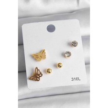 Butik Ayvitrin 316L Çelik Gold Renk Zirkon Taşlı Kelebek Figür Kadın Küpe Seti