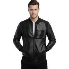 Rizzup Erkek Siyah Taş Işlemeli Dar Kesim Suni Deri Ceket – Ribanalı Astarsız Fermuar Kapama 2600356