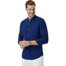 RizzUP Lacivert Çizgi Dokulu Hakim Yaka Rahat Kalıp Kırışık Viskon Keten Erkek Gömlek 2602621