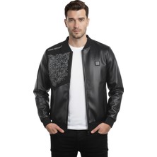 Rizzup Siyah Taş Detaylı Slim Fit Erkek Suni Deri Ceket – Kolej Yaka Modern Mont 2600741