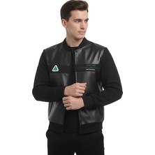 Rizzup Siyah Dar Kesim Erkek Suni Deri Ceket / Mont – Kolej Yaka Penye Kollu Ceket Mont 2600738