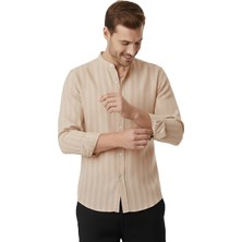 RizzUP Bej Çizgi Dokulu Hakim Yaka Rahat Kalıp Kırışık Viskon Keten Erkek Gömlek 2602621