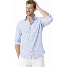 Rizzup Mavi Slim Fit Çizgili %100 Pamuk Erkek Gömlek – Nefes Alan Şık Günlük Gömlek 2602626
