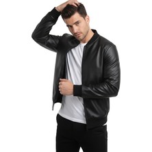 Rizzup Siyah Taş Detaylı Suni Deri Erkek Ceket – Modern Bomber Stil 2600726