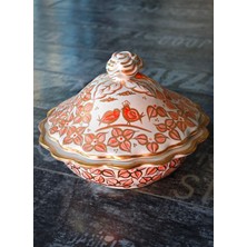 Manushum El Boyama Porselen Kuşlu Gülbahar Şekerlik-Turuncu