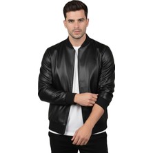 Rizzup Siyah Kolej Yaka Slim Fit Suni Deri Ceket – Arkası Taş Işlemeli Erkek Mont 2602659