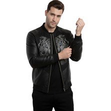 Rizzup Siyah Dar Kesim Erkek Suni Deri Ceket – Taşlı Aslan Nakışlı Kolej Yaka Ribanalı Ceket 2600353