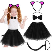 Osense Kedi Kulak Taç Etek Kuyruk ve Papyon 4 Lü Set Çocuk Fuşya