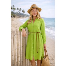 Miespiga Pamuklu Dokuma Müslin Hakim Yaka Kemer Detaylı Plaj Gömlek Elbise