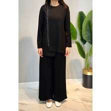 Lale Butik Pamuklu Taş Detaylı Tunik Bolpaça Pantolon Takım 03 Siyah
