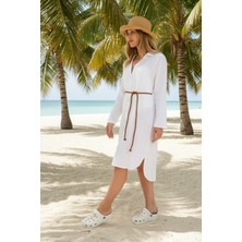 Miespiga Pamuklu Dokuma Müslin Hakim Yaka Kemer Detaylı Plaj Gömlek Elbise