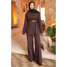 İmaj Butik Kahverengi Kemerli Ceket Pantolonlu Takım