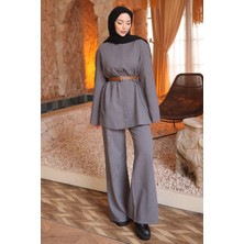 İmaj Butik Gri Kemerli Ceket Pantolonlu Takım