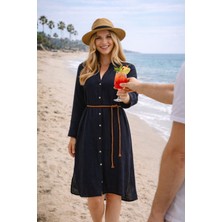 Miespiga Pamuklu Dokuma Müslin Hakim Yaka Kemer Detaylı Plaj Gömlek Elbise